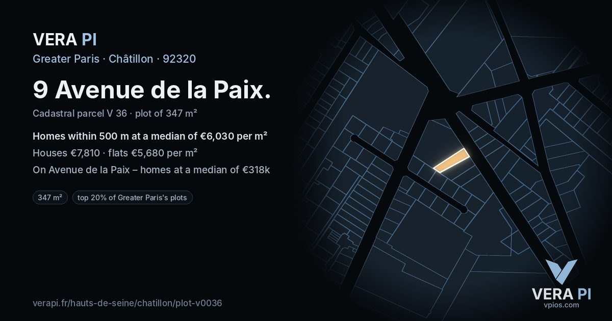 9 Avenue de la Paix, Châtillon at night – the plot lit, the parcels around coloured by the prices near them