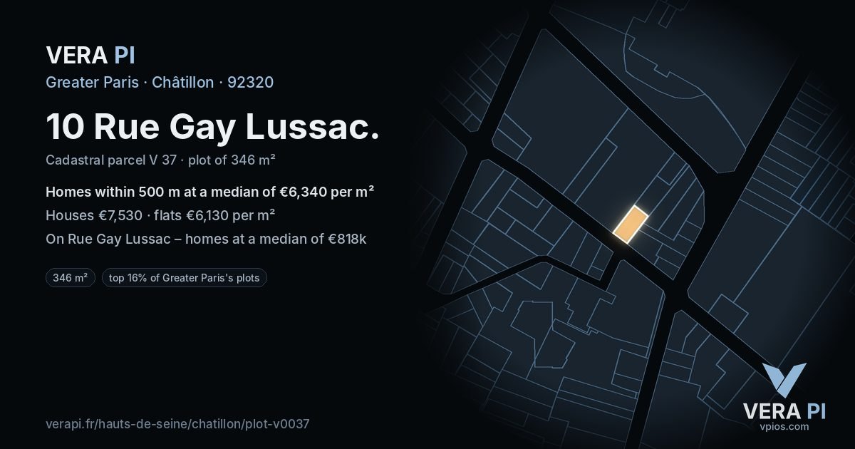 10 Rue Gay Lussac, Châtillon at night – the plot lit, the parcels around coloured by the prices near them
