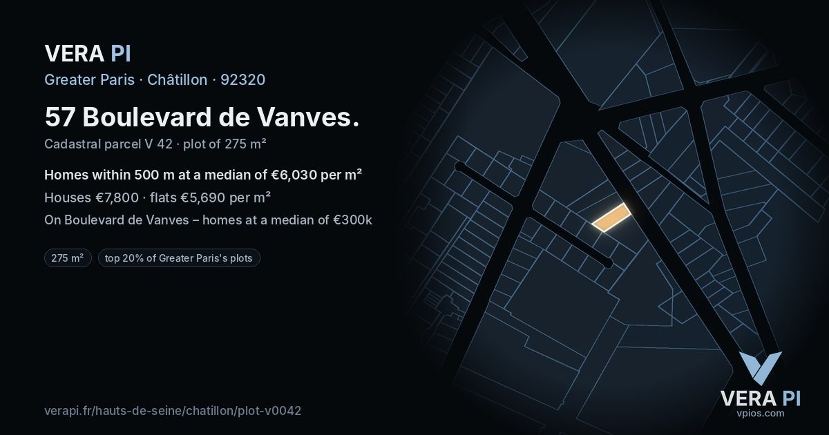57 Boulevard de Vanves, Châtillon at night – the plot lit, the parcels around coloured by the prices near them