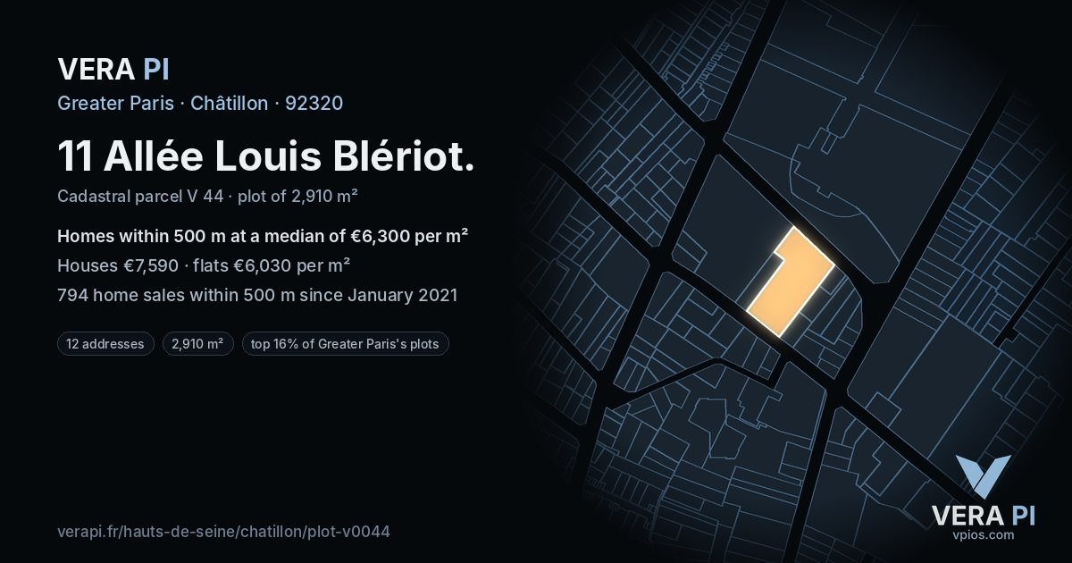 11 Allée Louis Blériot, Châtillon at night – the plot lit, the parcels around coloured by the prices near them
