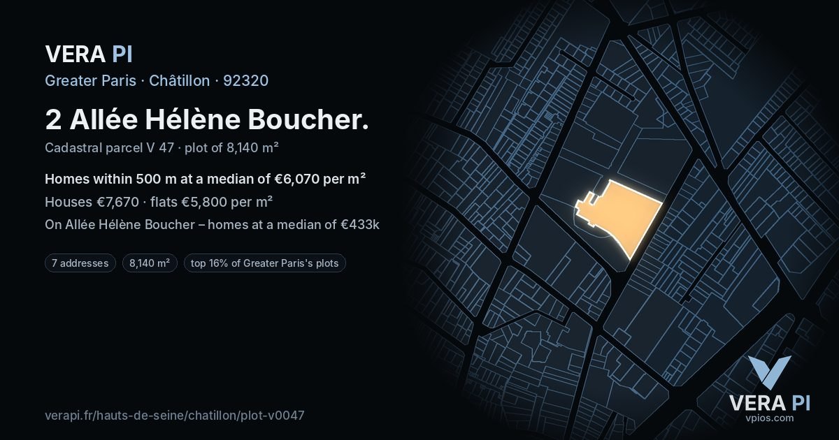 2 Allée Hélène Boucher, Châtillon at night – the plot lit, the parcels around coloured by the prices near them