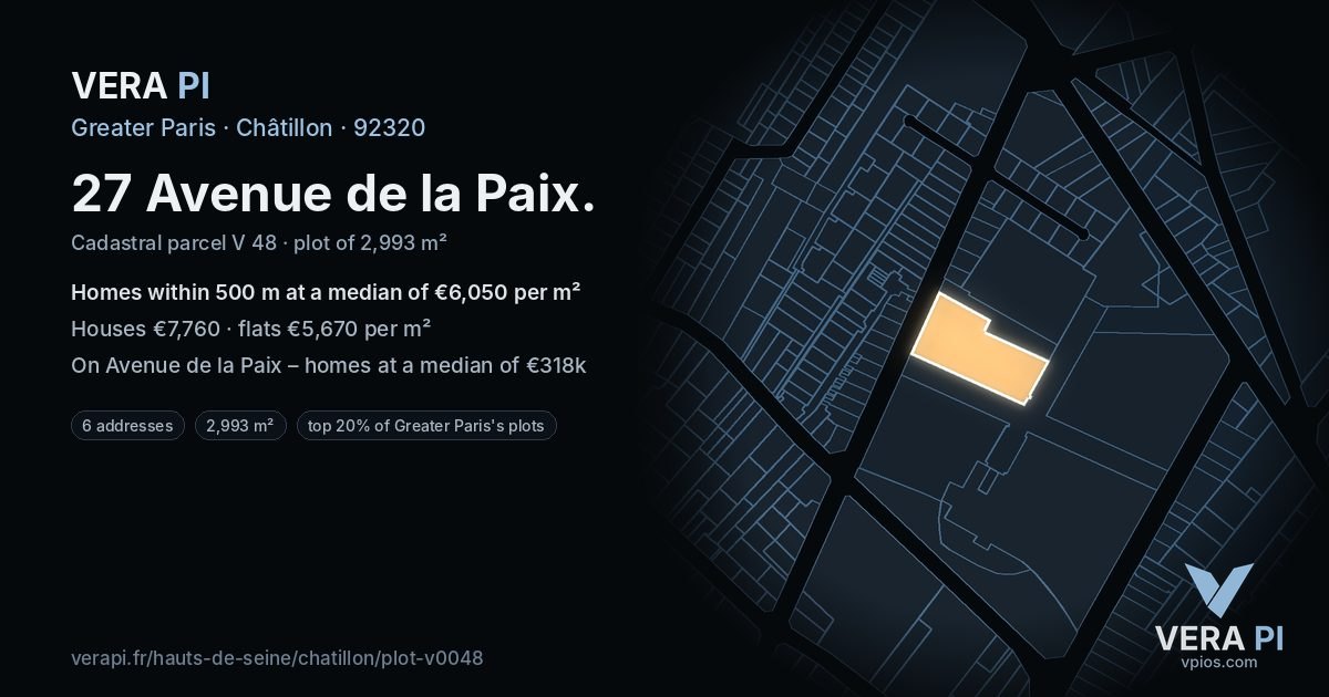 27 Avenue de la Paix, Châtillon at night – the plot lit, the parcels around coloured by the prices near them
