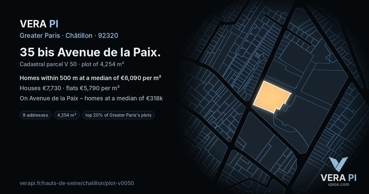 35 bis Avenue de la Paix, Châtillon at night – the plot lit, the parcels around coloured by the prices near them
