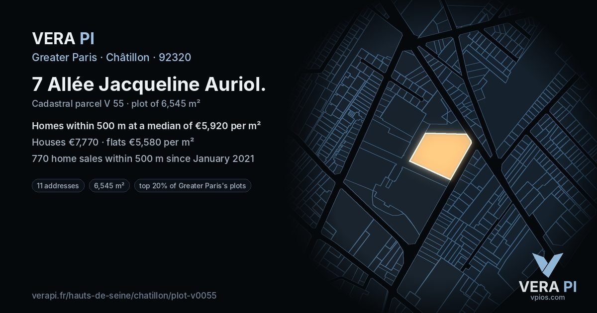 7 Allée Jacqueline Auriol, Châtillon at night – the plot lit, the parcels around coloured by the prices near them