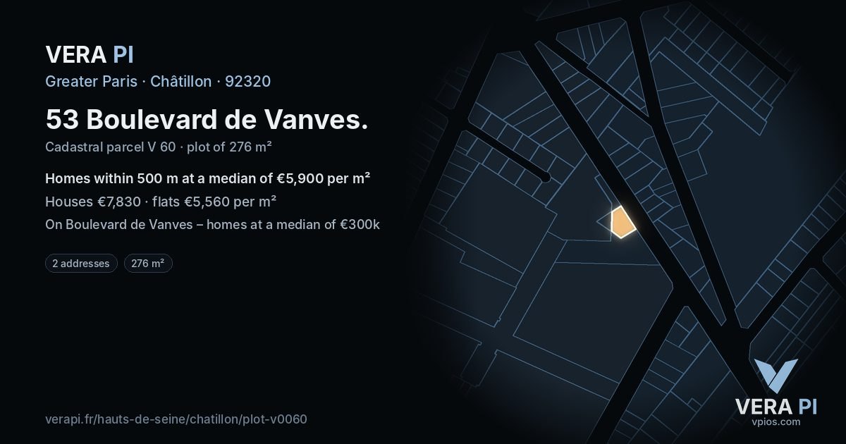 53 Boulevard de Vanves, Châtillon at night – the plot lit, the parcels around coloured by the prices near them