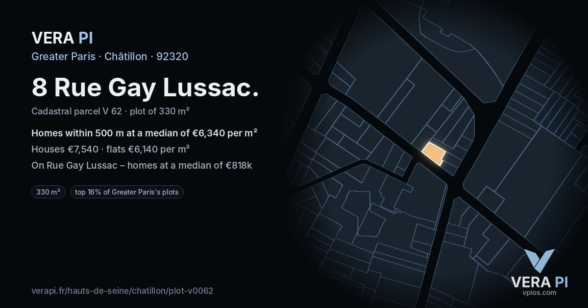 8 Rue Gay Lussac, Châtillon at night – the plot lit, the parcels around coloured by the prices near them