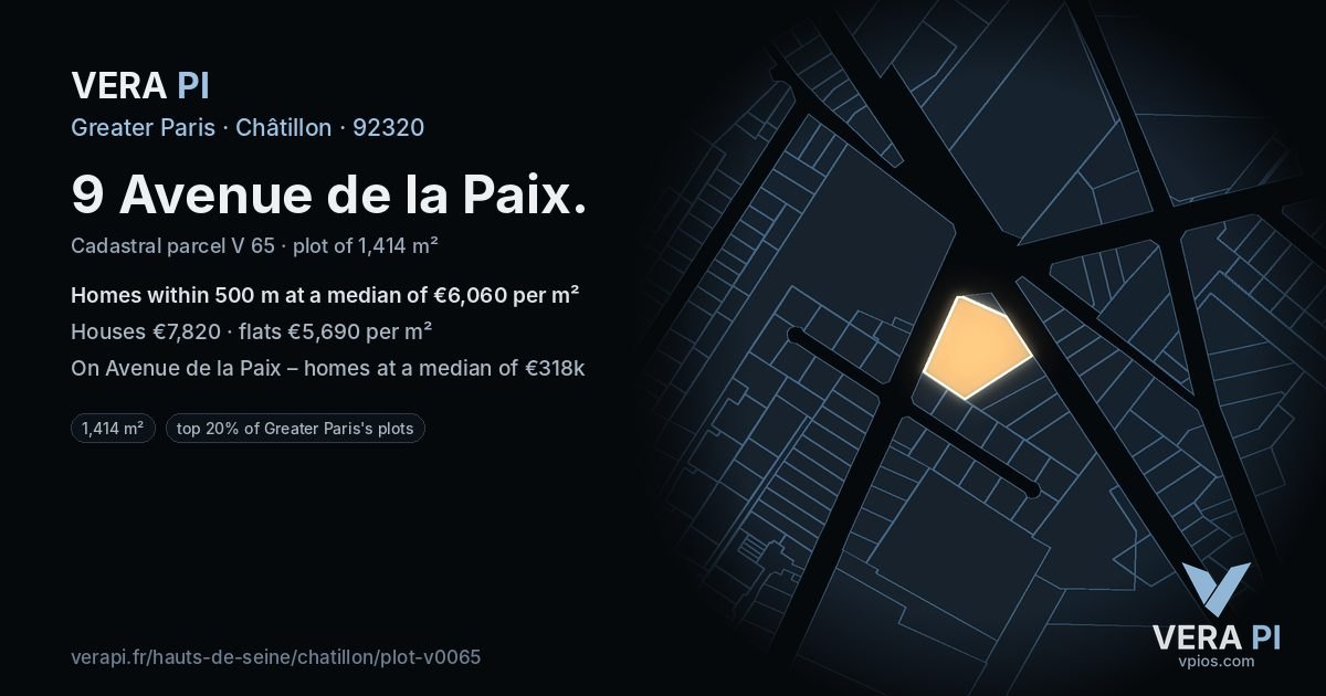9 Avenue de la Paix, Châtillon at night – the plot lit, the parcels around coloured by the prices near them