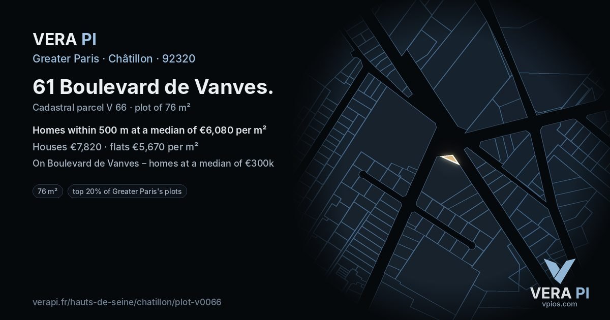 61 Boulevard de Vanves, Châtillon at night – the plot lit, the parcels around coloured by the prices near them