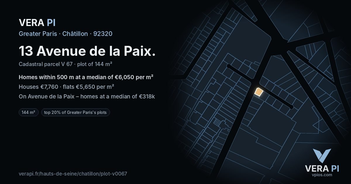 13 Avenue de la Paix, Châtillon at night – the plot lit, the parcels around coloured by the prices near them