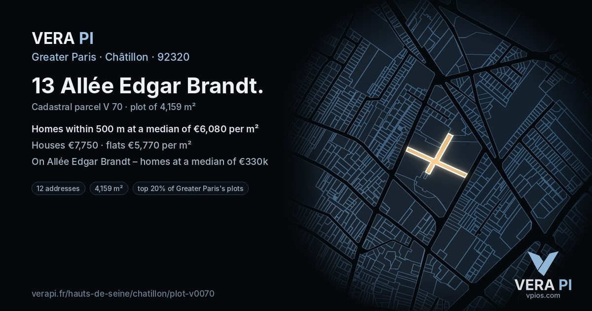 13 Allée Edgar Brandt, Châtillon at night – the plot lit, the parcels around coloured by the prices near them