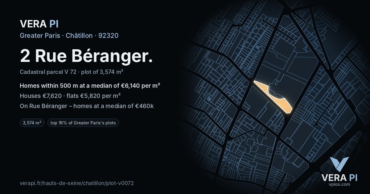 2 Rue Béranger, Châtillon at night – the plot lit, the parcels around coloured by the prices near them