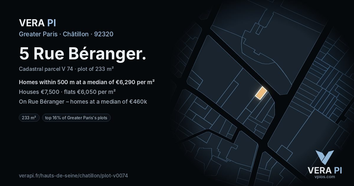 5 Rue Béranger, Châtillon at night – the plot lit, the parcels around coloured by the prices near them