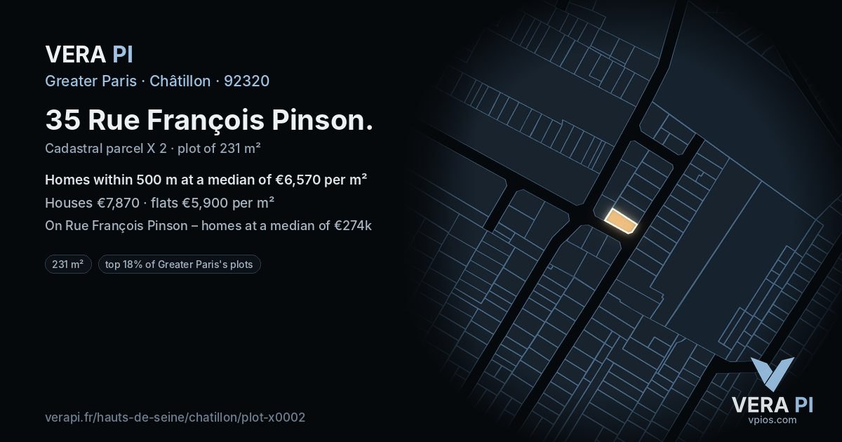 35 Rue François Pinson, Châtillon at night – the plot lit, the parcels around coloured by the prices near them