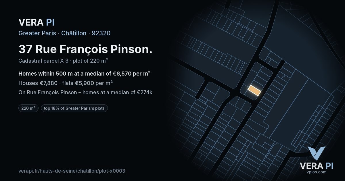 37 Rue François Pinson, Châtillon at night – the plot lit, the parcels around coloured by the prices near them
