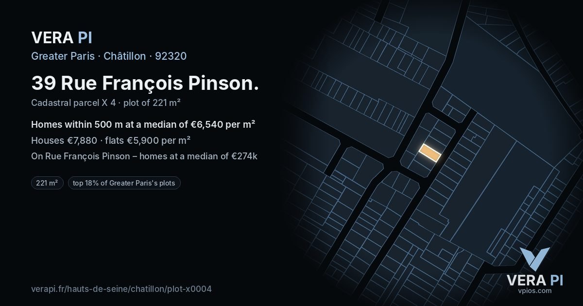 39 Rue François Pinson, Châtillon at night – the plot lit, the parcels around coloured by the prices near them