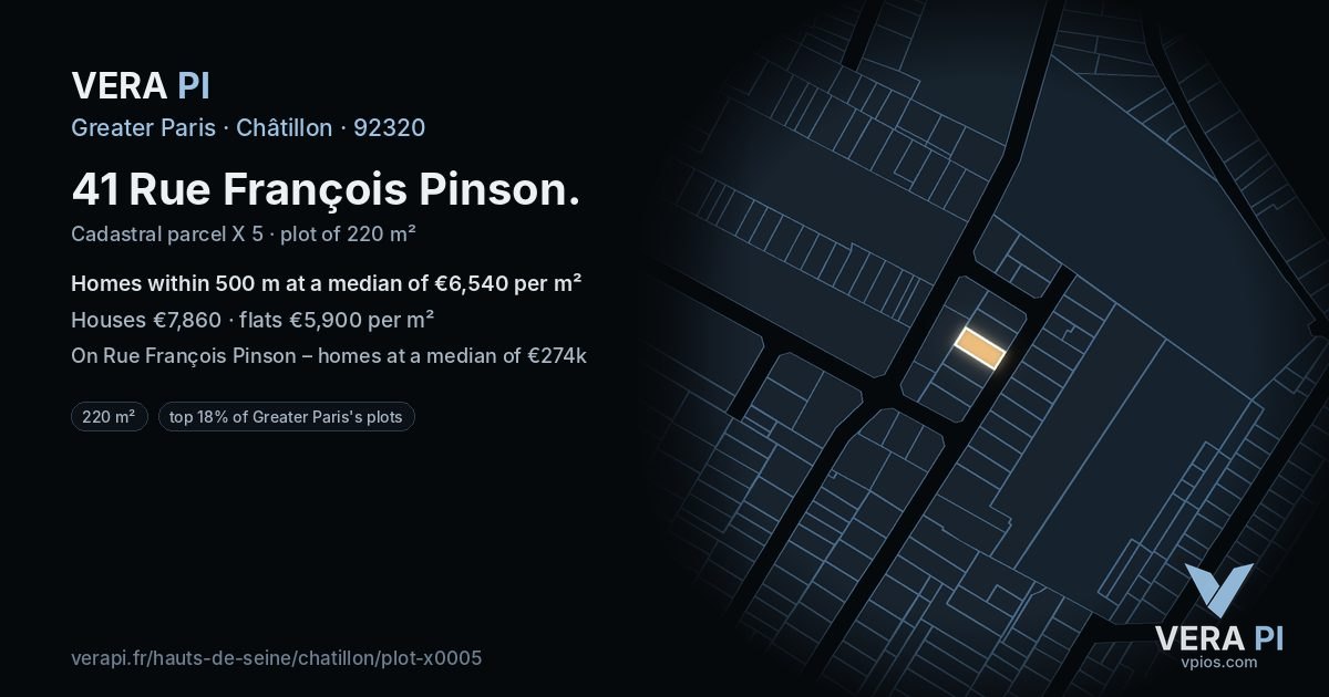 41 Rue François Pinson, Châtillon at night – the plot lit, the parcels around coloured by the prices near them