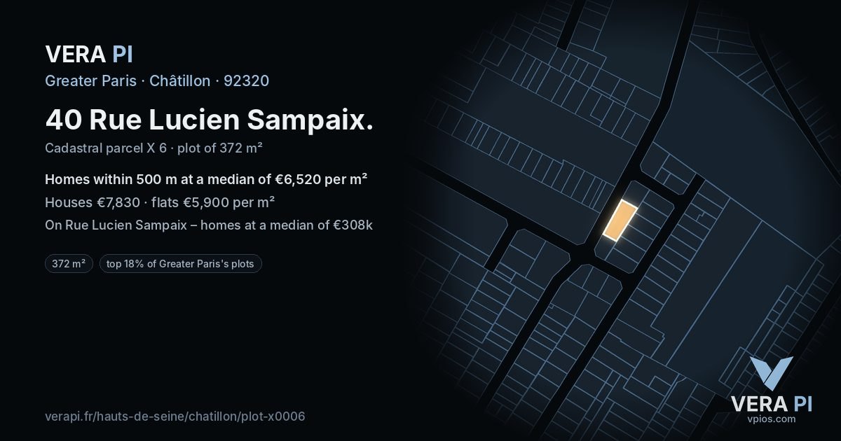 40 Rue Lucien Sampaix, Châtillon at night – the plot lit, the parcels around coloured by the prices near them