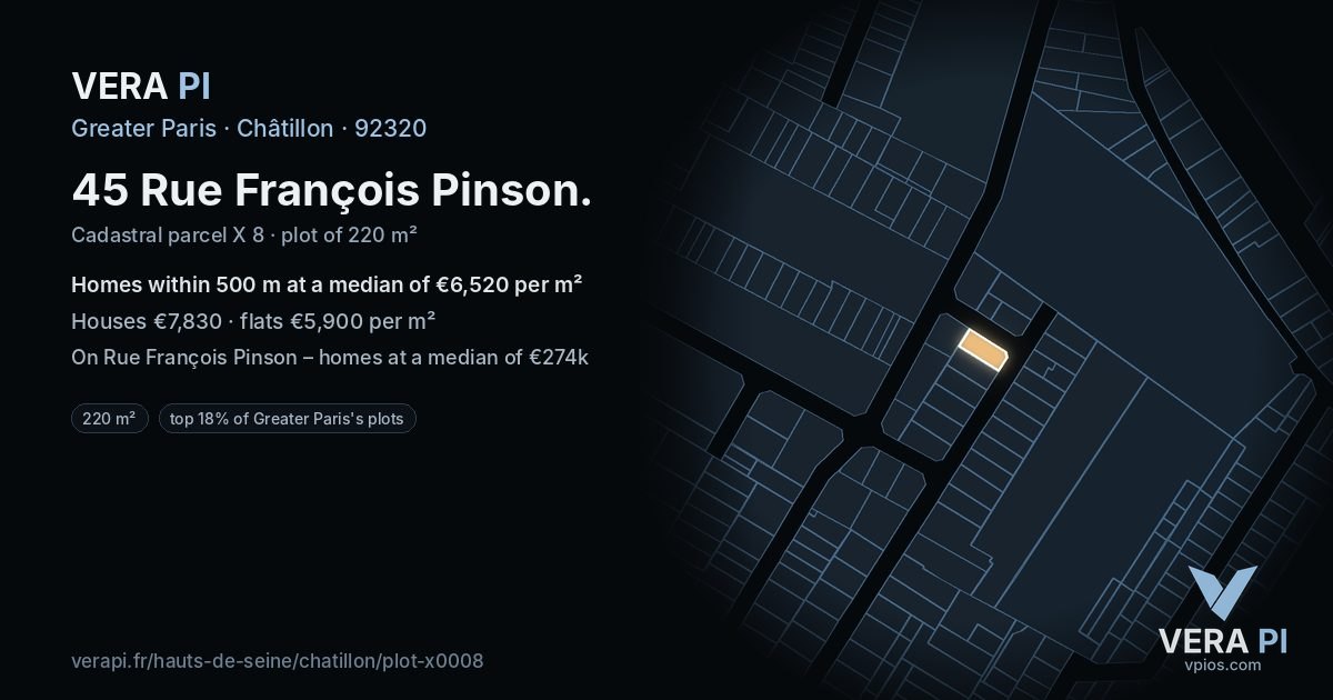 45 Rue François Pinson, Châtillon at night – the plot lit, the parcels around coloured by the prices near them