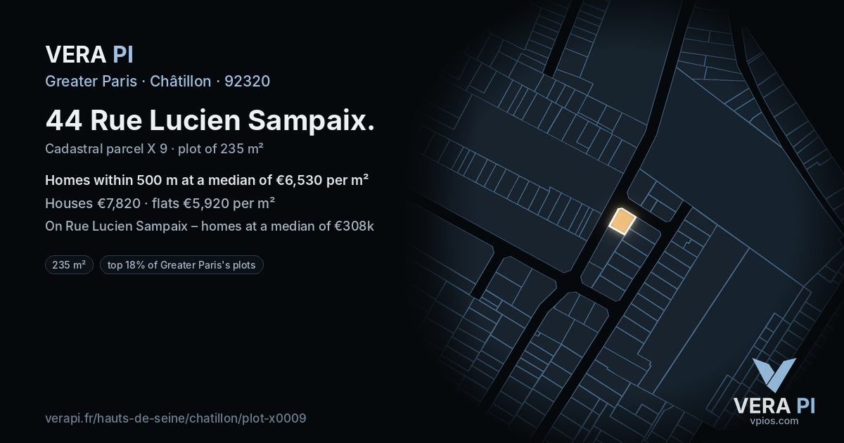 44 Rue Lucien Sampaix, Châtillon at night – the plot lit, the parcels around coloured by the prices near them