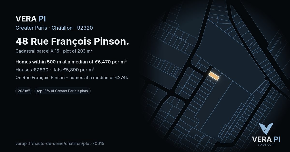 48 Rue François Pinson, Châtillon at night – the plot lit, the parcels around coloured by the prices near them