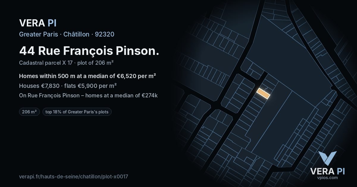 44 Rue François Pinson, Châtillon at night – the plot lit, the parcels around coloured by the prices near them