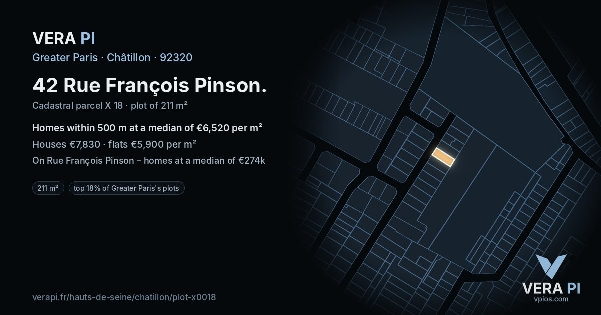 42 Rue François Pinson, Châtillon at night – the plot lit, the parcels around coloured by the prices near them