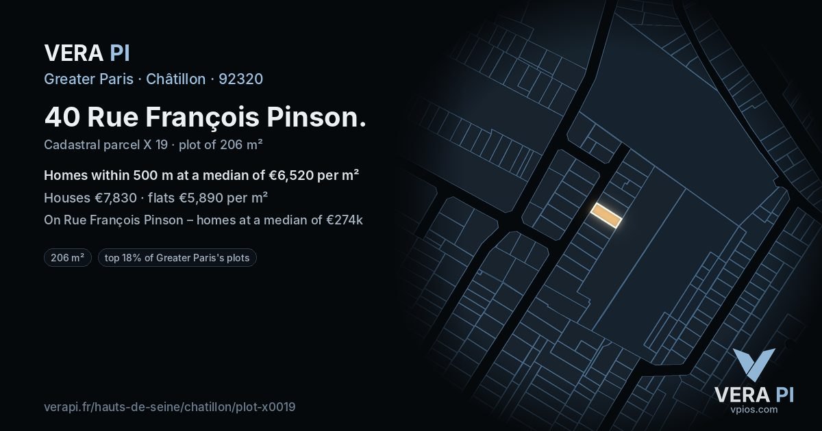 40 Rue François Pinson, Châtillon at night – the plot lit, the parcels around coloured by the prices near them