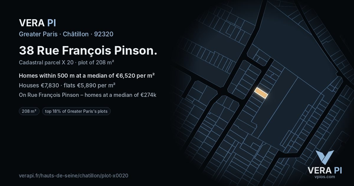 38 Rue François Pinson, Châtillon at night – the plot lit, the parcels around coloured by the prices near them