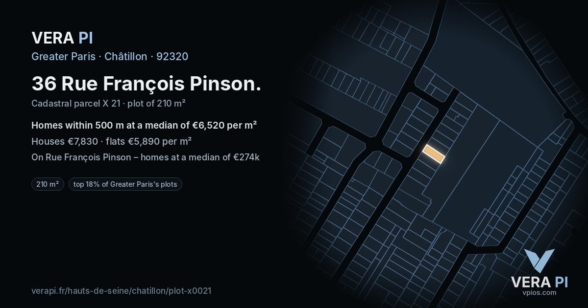 36 Rue François Pinson, Châtillon at night – the plot lit, the parcels around coloured by the prices near them