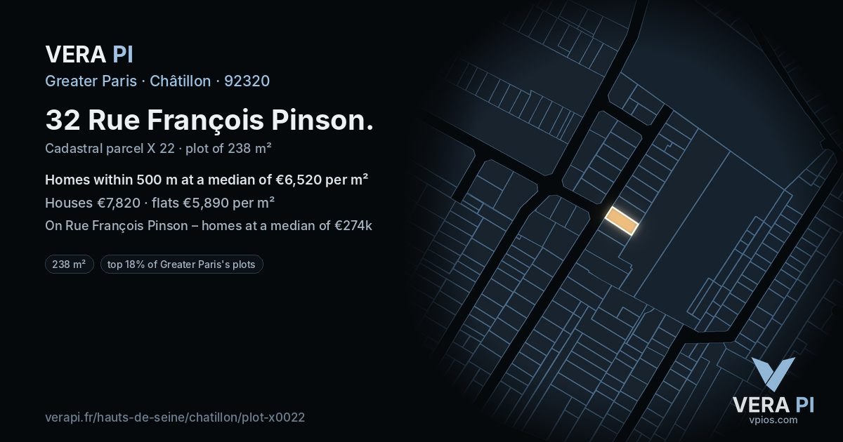 32 Rue François Pinson, Châtillon at night – the plot lit, the parcels around coloured by the prices near them