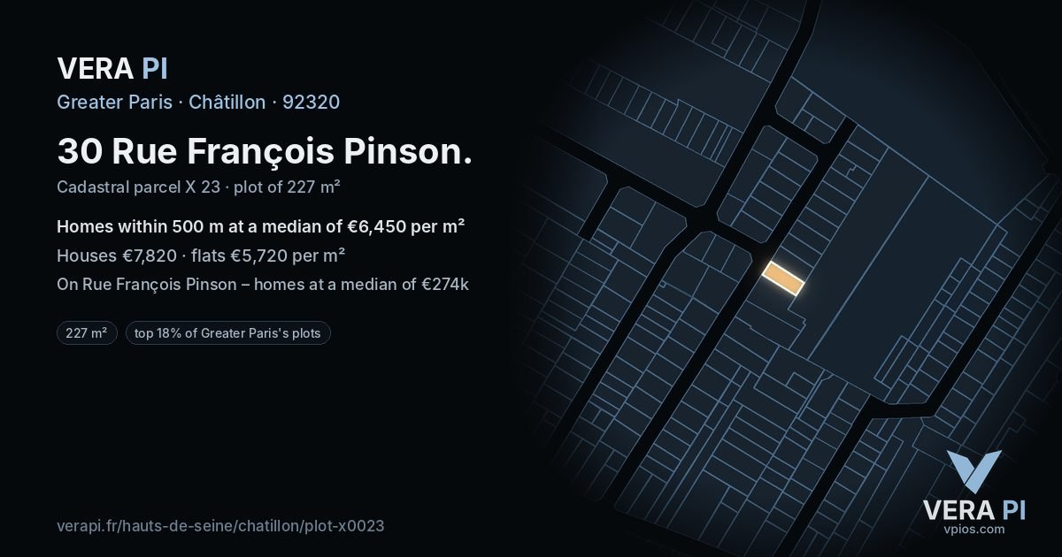 30 Rue François Pinson, Châtillon at night – the plot lit, the parcels around coloured by the prices near them