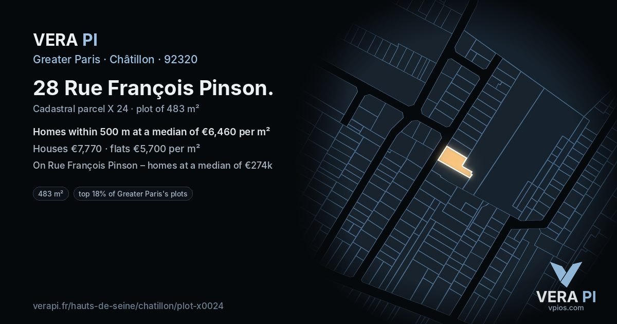 28 Rue François Pinson, Châtillon at night – the plot lit, the parcels around coloured by the prices near them