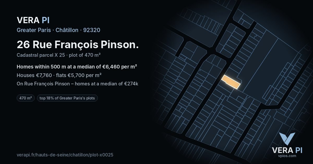 26 Rue François Pinson, Châtillon at night – the plot lit, the parcels around coloured by the prices near them