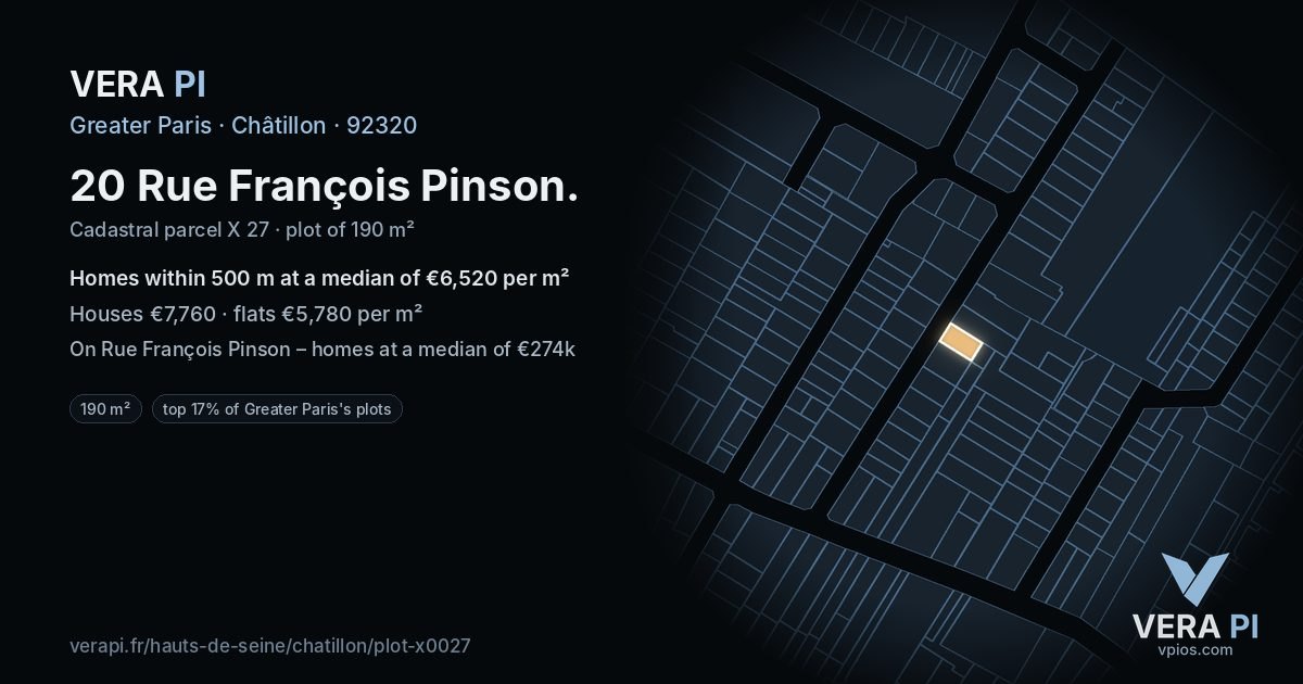 20 Rue François Pinson, Châtillon at night – the plot lit, the parcels around coloured by the prices near them