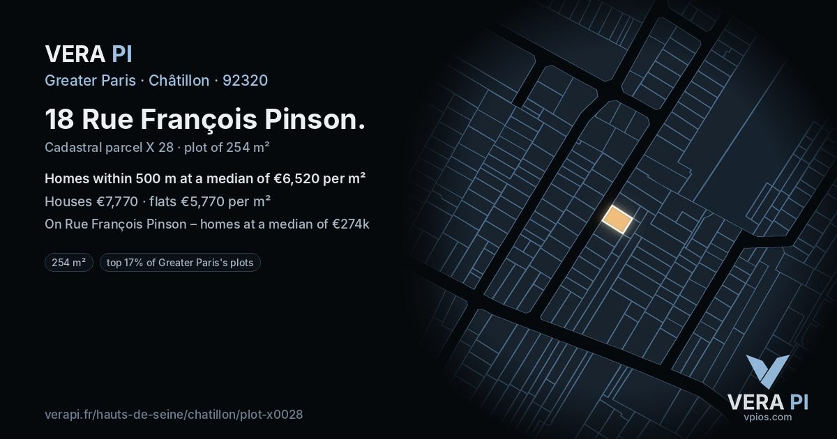 18 Rue François Pinson, Châtillon at night – the plot lit, the parcels around coloured by the prices near them