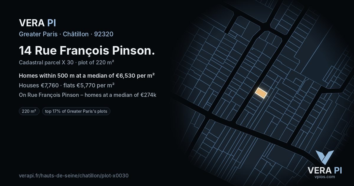 14 Rue François Pinson, Châtillon at night – the plot lit, the parcels around coloured by the prices near them