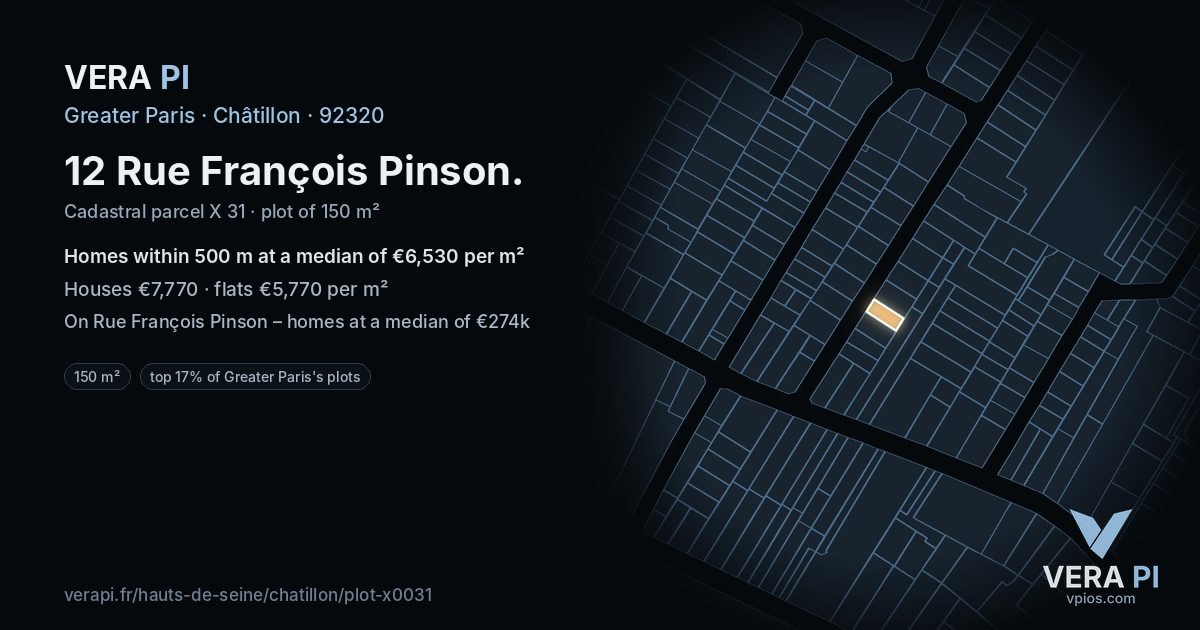 12 Rue François Pinson, Châtillon at night – the plot lit, the parcels around coloured by the prices near them