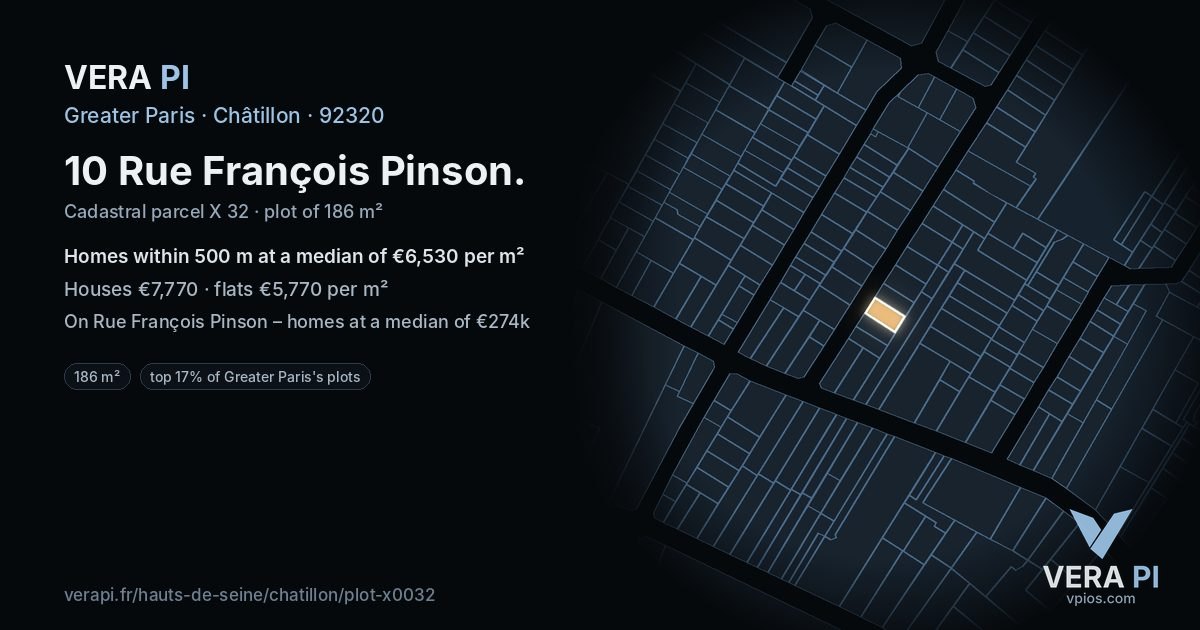 10 Rue François Pinson, Châtillon at night – the plot lit, the parcels around coloured by the prices near them