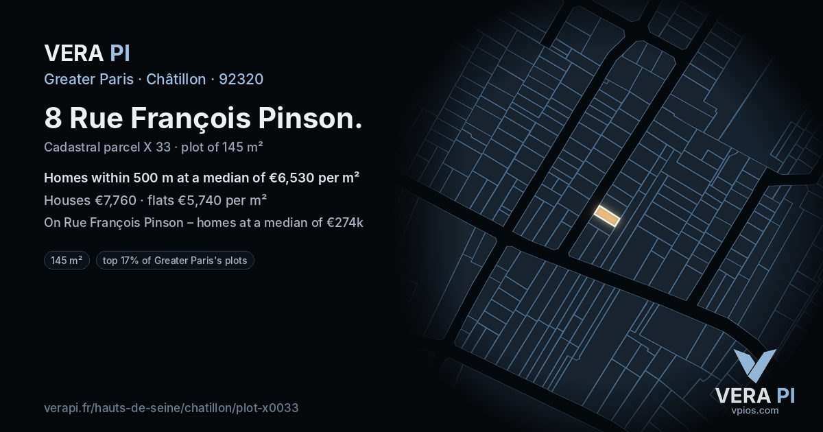 8 Rue François Pinson, Châtillon at night – the plot lit, the parcels around coloured by the prices near them