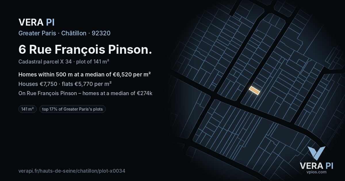 6 Rue François Pinson, Châtillon at night – the plot lit, the parcels around coloured by the prices near them