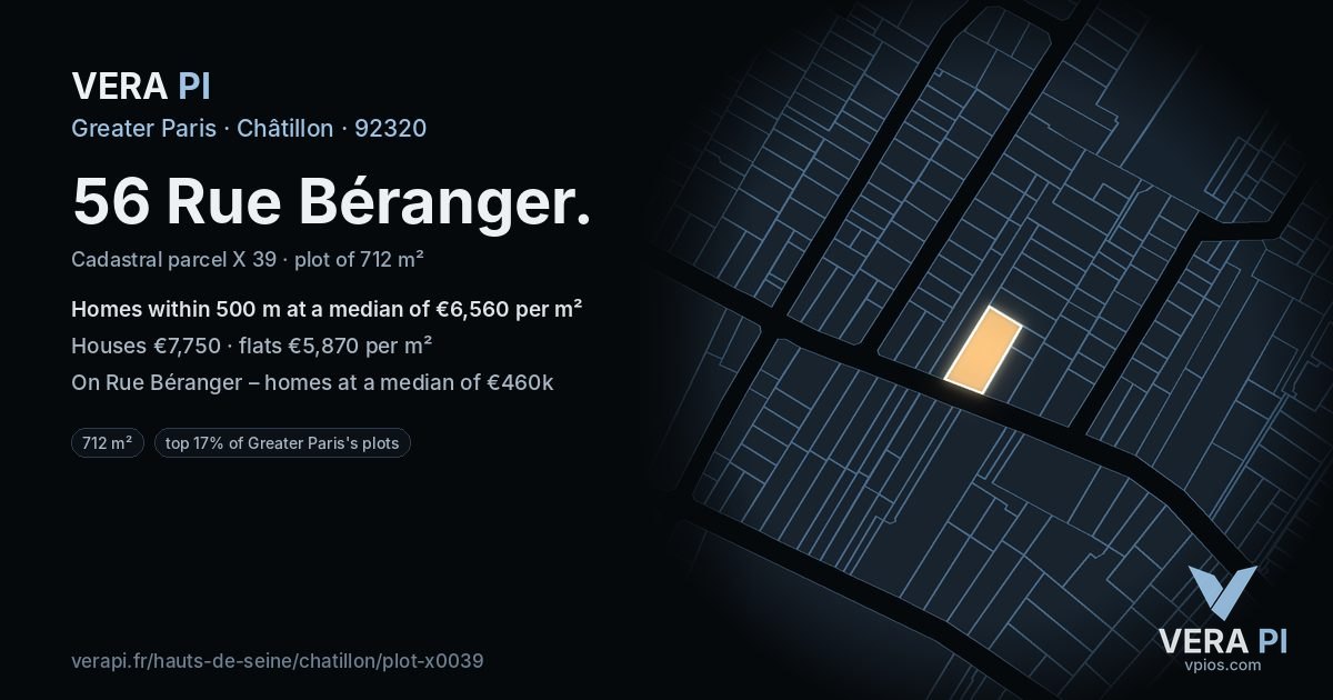 56 Rue Béranger, Châtillon at night – the plot lit, the parcels around coloured by the prices near them