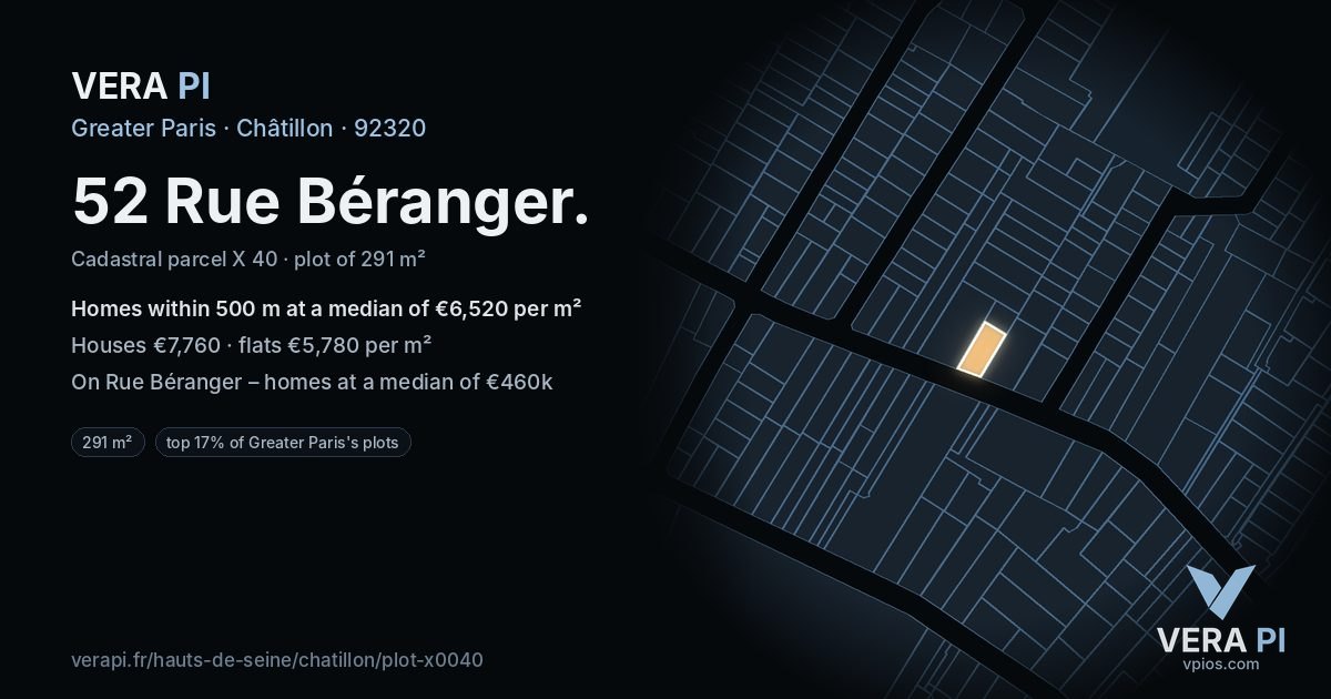 52 Rue Béranger, Châtillon at night – the plot lit, the parcels around coloured by the prices near them