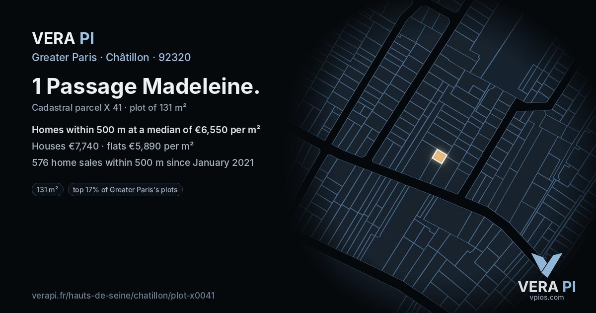 1 Passage Madeleine, Châtillon at night – the plot lit, the parcels around coloured by the prices near them