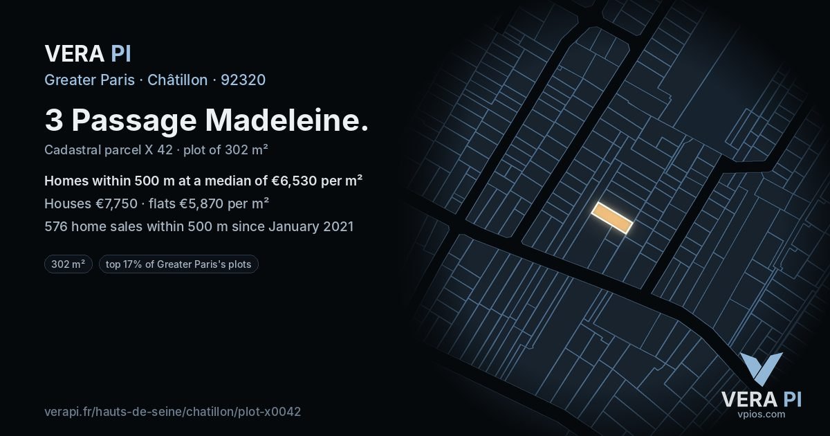3 Passage Madeleine, Châtillon at night – the plot lit, the parcels around coloured by the prices near them