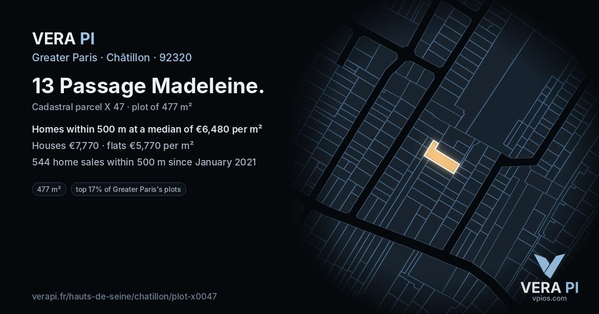 13 Passage Madeleine, Châtillon at night – the plot lit, the parcels around coloured by the prices near them
