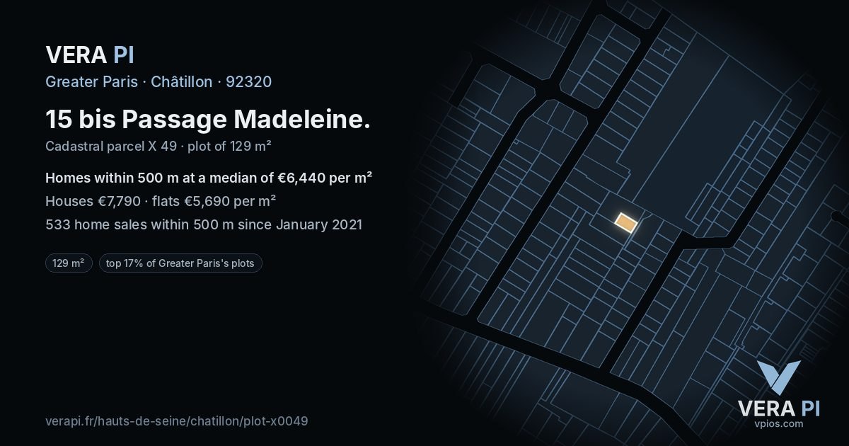 15 bis Passage Madeleine, Châtillon at night – the plot lit, the parcels around coloured by the prices near them