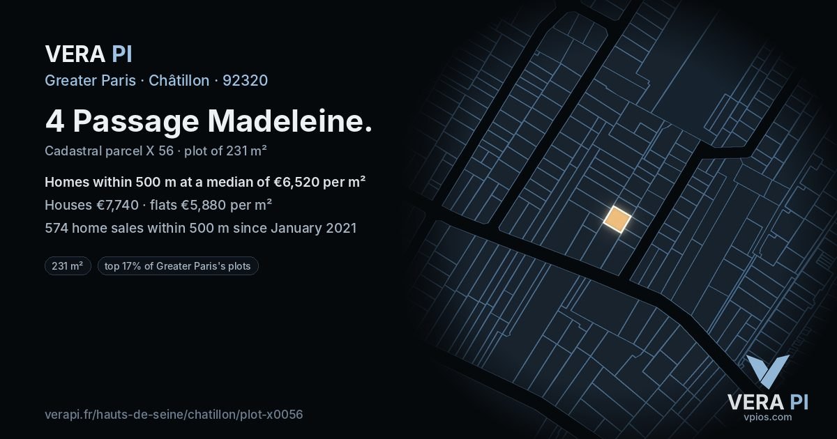 4 Passage Madeleine, Châtillon at night – the plot lit, the parcels around coloured by the prices near them