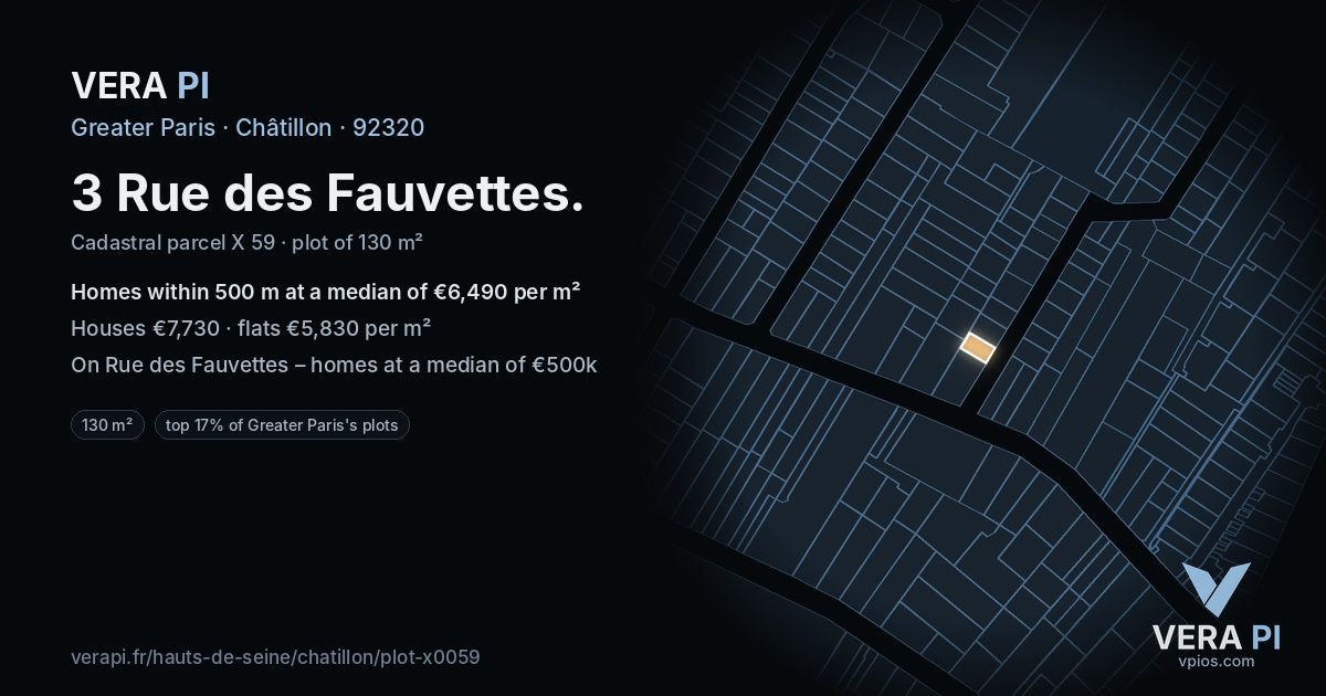 3 Rue des Fauvettes, Châtillon at night – the plot lit, the parcels around coloured by the prices near them