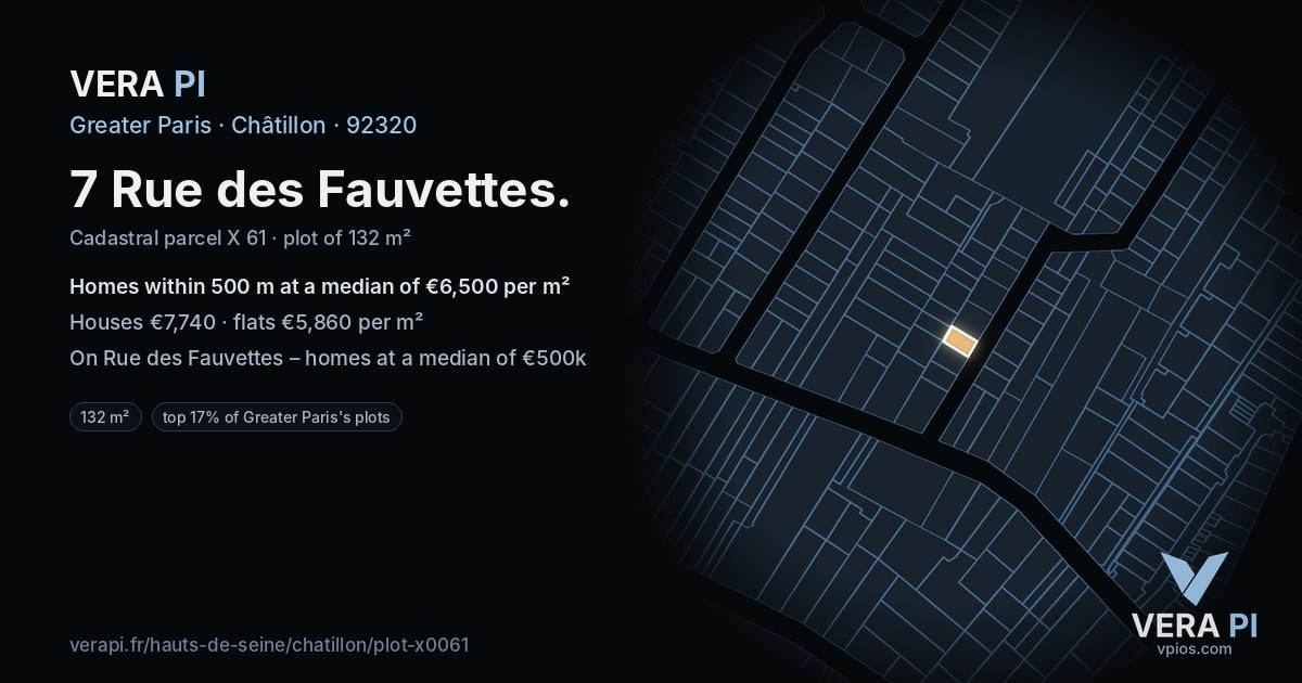 7 Rue des Fauvettes, Châtillon at night – the plot lit, the parcels around coloured by the prices near them