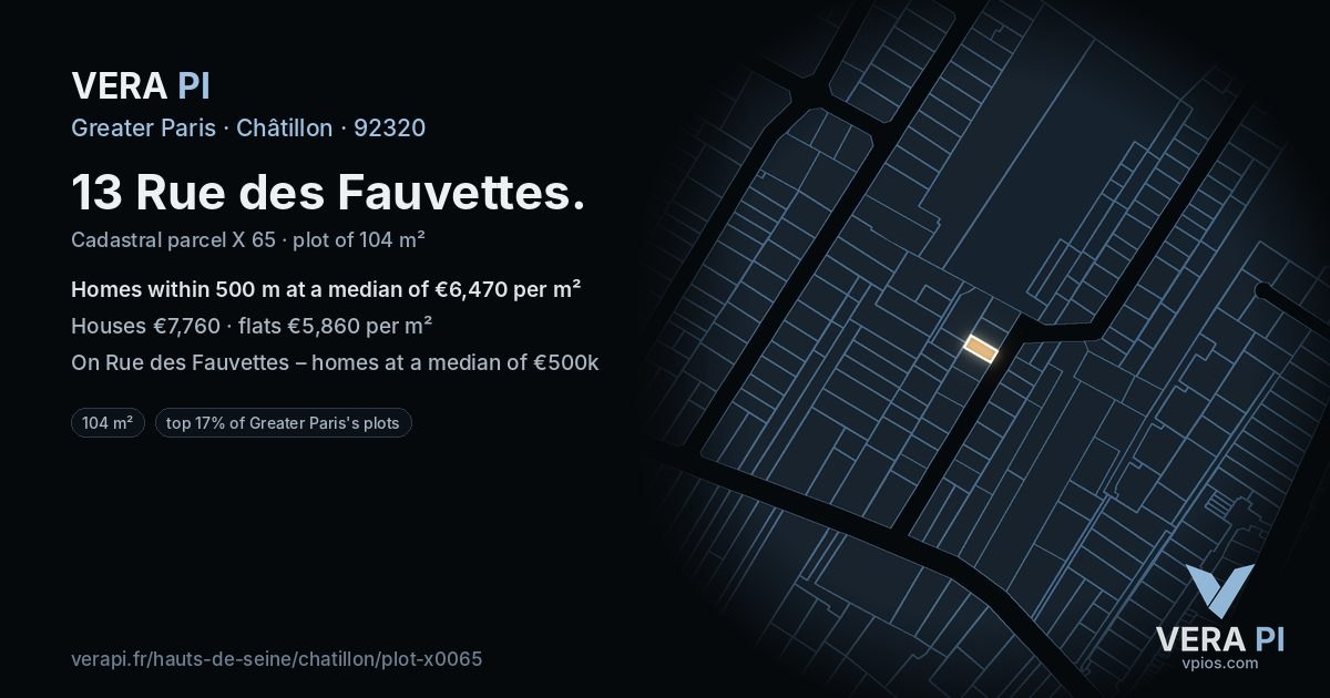 13 Rue des Fauvettes, Châtillon at night – the plot lit, the parcels around coloured by the prices near them